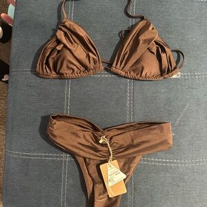Brown Ruched Triangle Bikini Set - Unbranded
